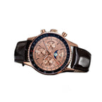 Sugess S468 moonphase chronograph, rose gold case, salmon dial, black leather strap, upright front view on black