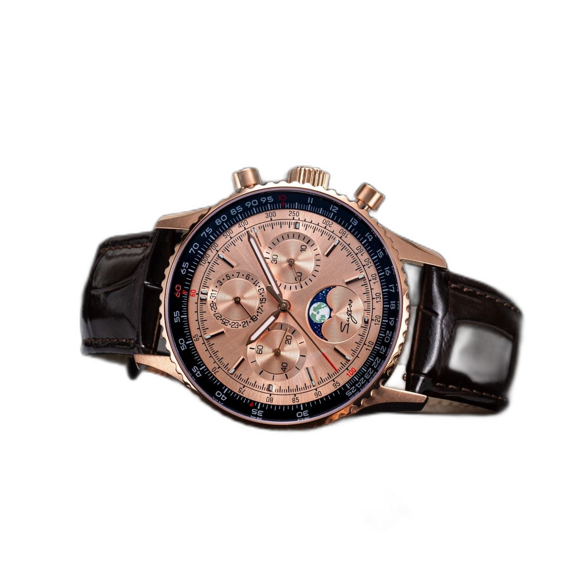 Sugess S468 moonphase chronograph, rose gold case, salmon dial, black leather strap, upright front view on black