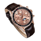 Sugess S468 rose gold exhibition caseback, ST19 moonphase chronograph movement, brown leather strap, on black