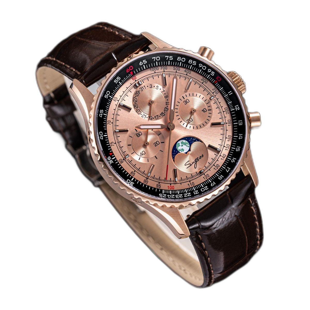 Sugess S468 rose gold exhibition caseback, ST19 moonphase chronograph movement, brown leather strap, on black