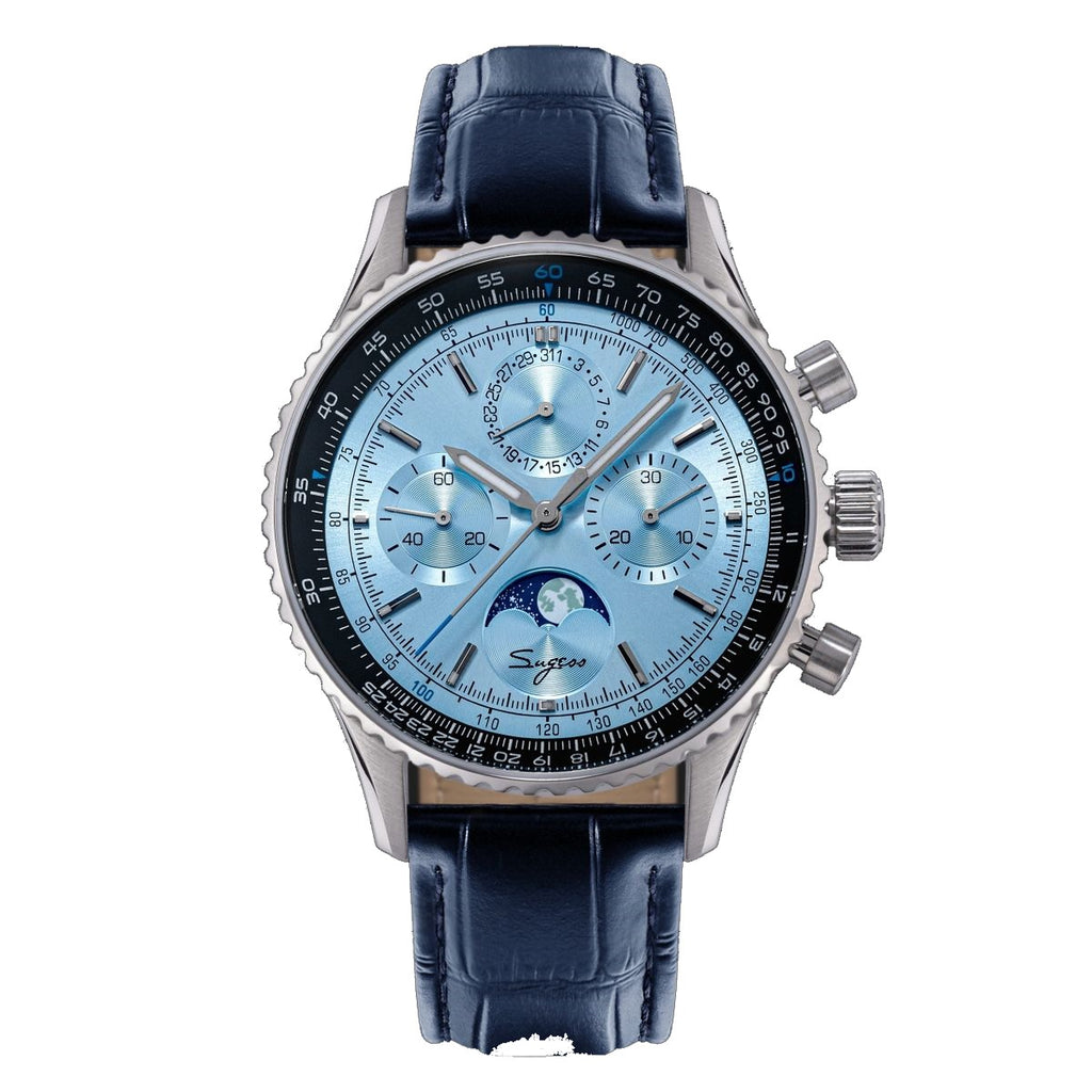 Sugess S468 moonphase chronograph, rose gold case, salmon dial, slide-rule bezel, brown leather strap, front view