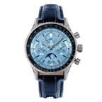 Sugess S468 moonphase chronograph, rose gold case, salmon dial, slide-rule bezel, brown leather strap, front view
