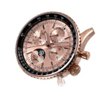 Sugess S468 moonphase chronograph, rose gold case, salmon dial, coin-edge bezel, brown leather strap, side profile