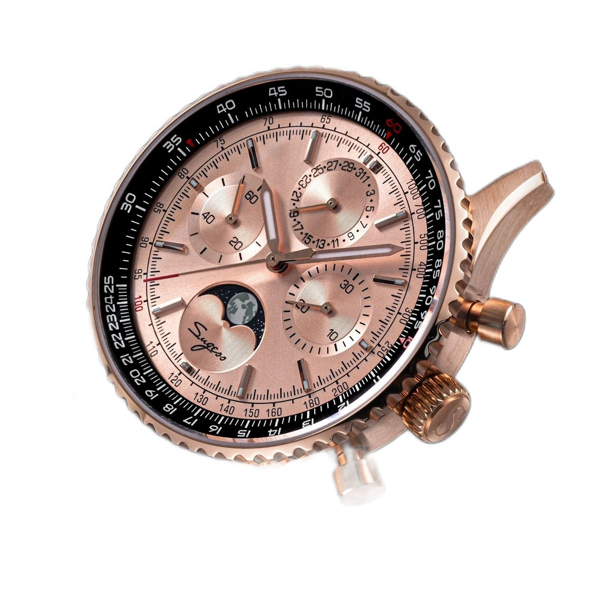 Sugess S468 moonphase chronograph, rose gold case, salmon dial, coin-edge bezel, brown leather strap, side profile