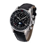 Sugess S468 moonphase chronograph, steel case, black dial, black leather strap, front three-quarter view on black