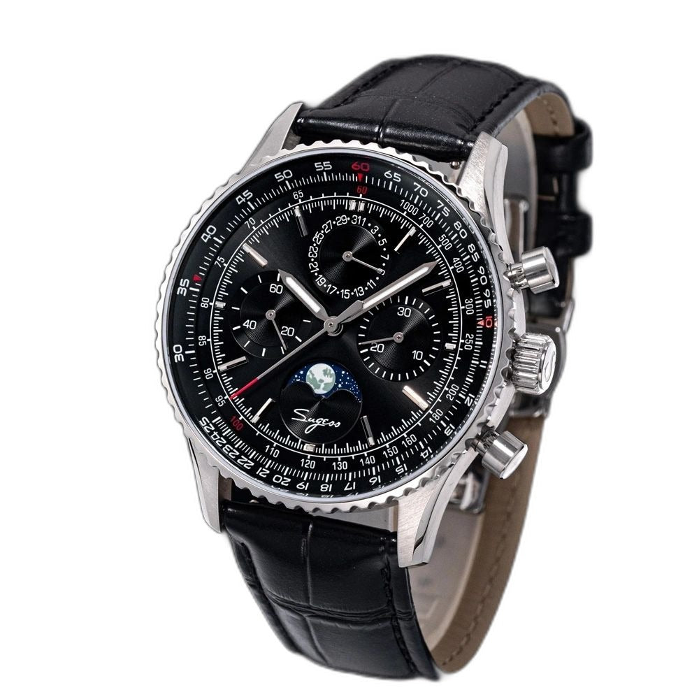 Sugess S468 moonphase chronograph, steel case, black dial, black leather strap, front three-quarter view on black