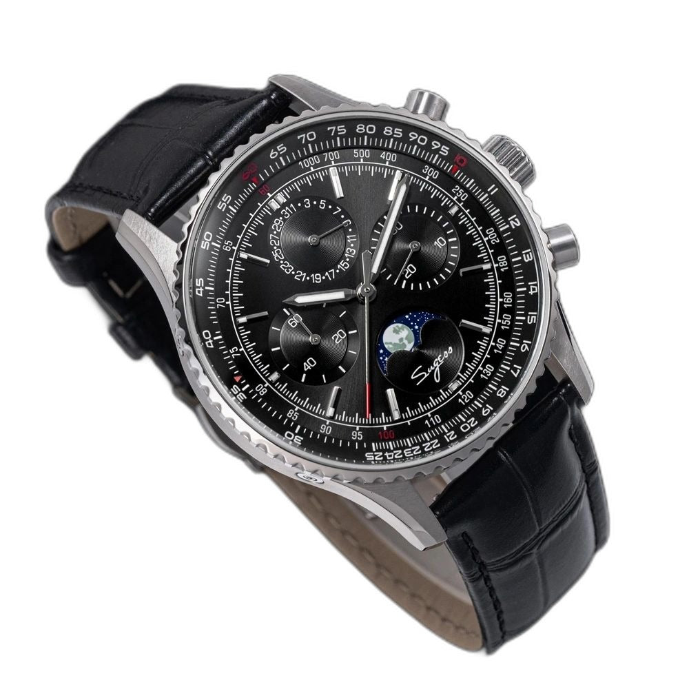 Sugess S468 moonphase chronograph, steel case, black dial, black leather strap, three-quarter angled view on black