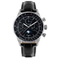 Sugess S468 moonphase chronograph, steel case, black dial, slide-rule bezel, black leather strap, front view