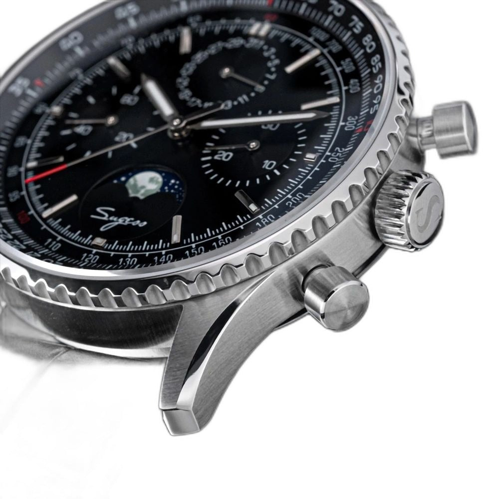 Sugess S468 moonphase chronograph, steel case and black dial, crown and pusher macro close-up on black