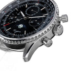Sugess S468 moonphase chronograph, steel case and black dial, crown and pusher macro close-up on black