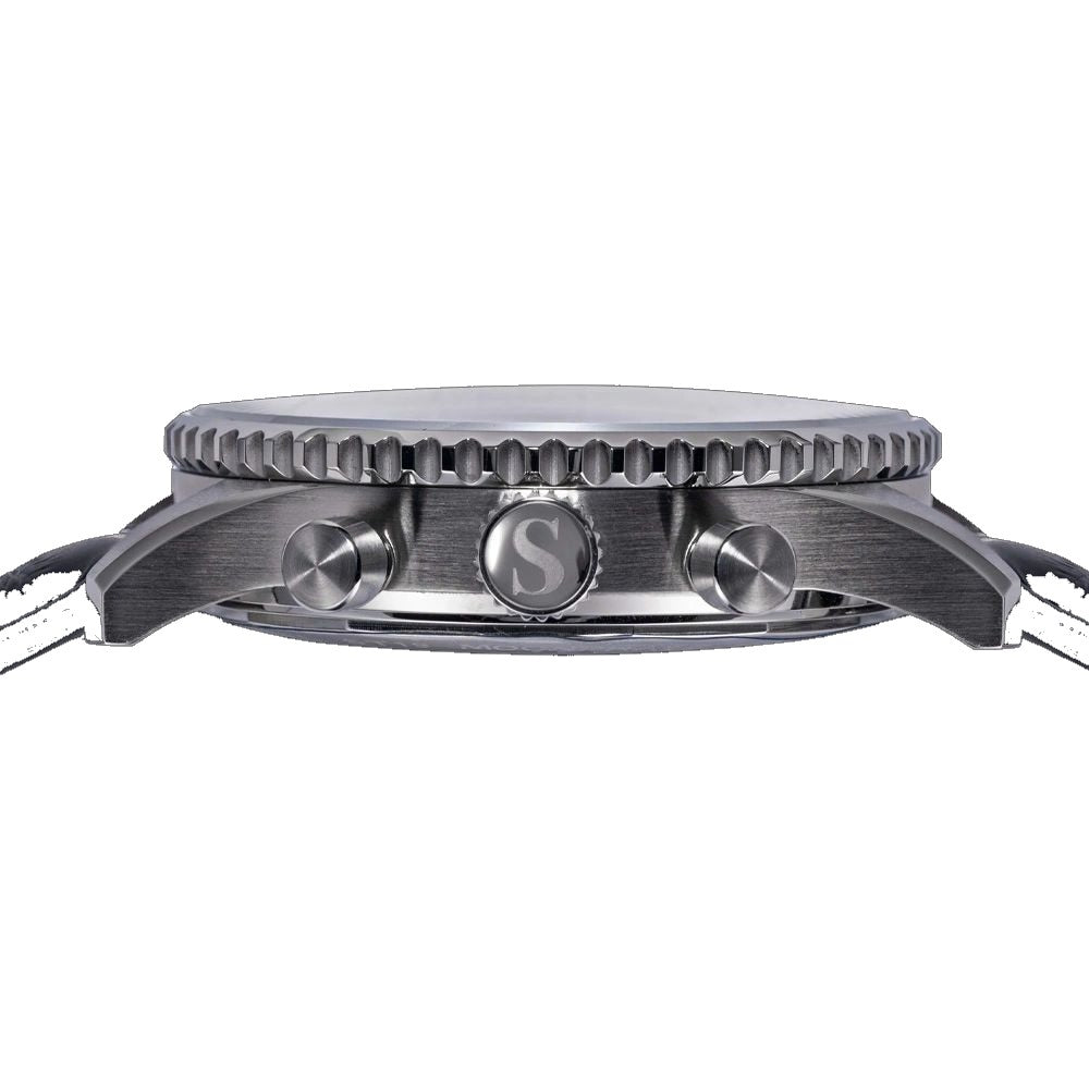 Sugess S468 moonphase chronograph steel case side profile, S-engraved crown flanked by two pushers, macro on black