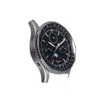 Sugess S468 moonphase chronograph, steel case, black dial, black leather strap, angled side profile on black