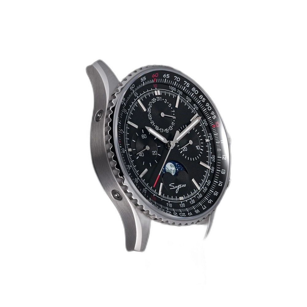 Sugess S468 moonphase chronograph, steel case, black dial, black leather strap, angled side profile on black