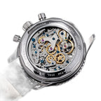 Sugess S468 steel exhibition caseback, ST19 hand-wound moonphase chronograph movement, black leather strap