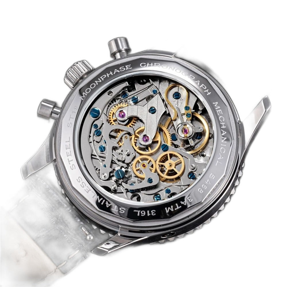 Sugess S468 steel exhibition caseback, ST19 hand-wound moonphase chronograph movement, black leather strap