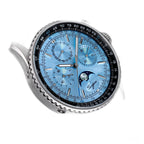 Sugess S468 moonphase chronograph, steel case, ice blue dial, blue leather strap, front three-quarter view on black