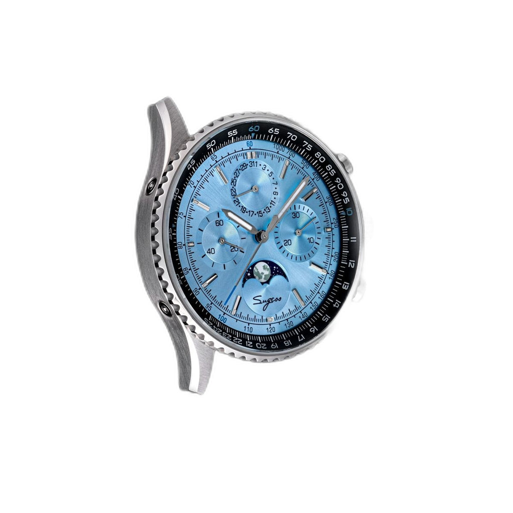 Sugess S468 moonphase chronograph, steel case, ice blue dial, blue leather strap, angled flat-lay view on black