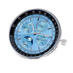Sugess S468 moonphase chronograph, steel case, ice blue dial, blue leather strap, dynamic angled view on black