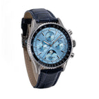 Sugess S468 moonphase chronograph, steel case, ice blue dial, blue leather strap, low three-quarter angle on black