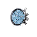 Sugess S468 moonphase chronograph, steel case, ice blue dial, blue leather strap, three-quarter angled view on black