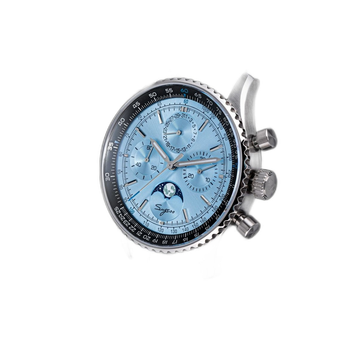 Sugess S468 moonphase chronograph, steel case, ice blue dial, blue leather strap, three-quarter angled view on black