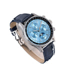 Sugess S468 moonphase chronograph, steel case, ice blue dial, blue leather strap, upright front-facing view on black