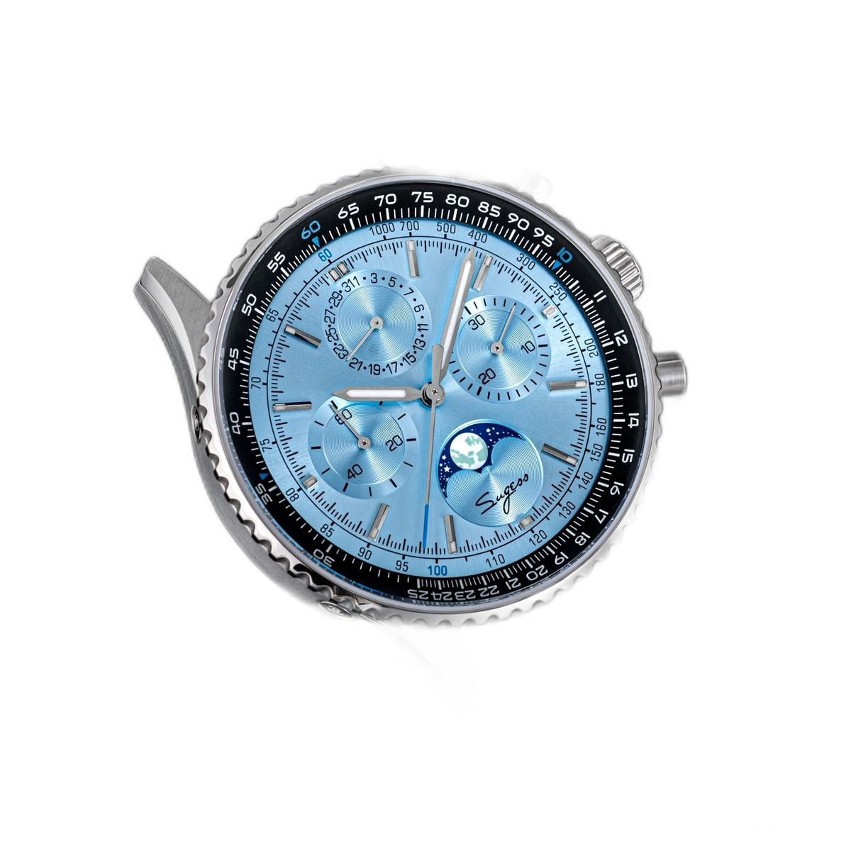 Sugess S468 moonphase chronograph, steel case, ice blue dial, blue leather strap, straight front view on black