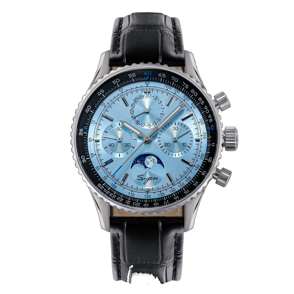 Sugess S468 moonphase chronograph, steel case, ice blue dial, slide-rule bezel, black leather strap, front view