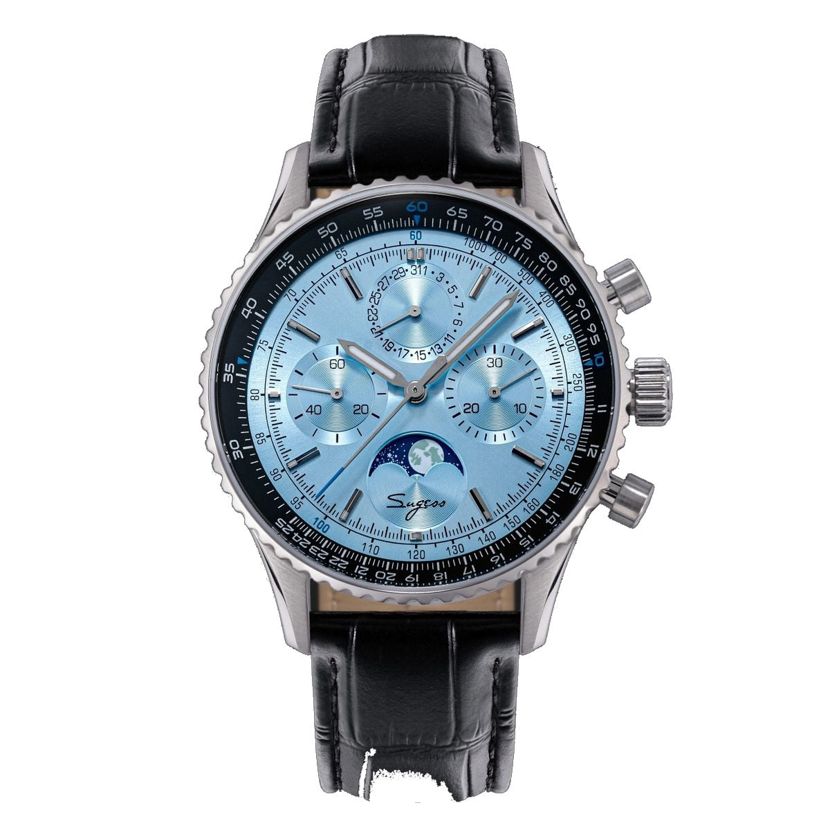Sugess S468 moonphase chronograph, steel case, ice blue dial, slide-rule bezel, black leather strap, front view
