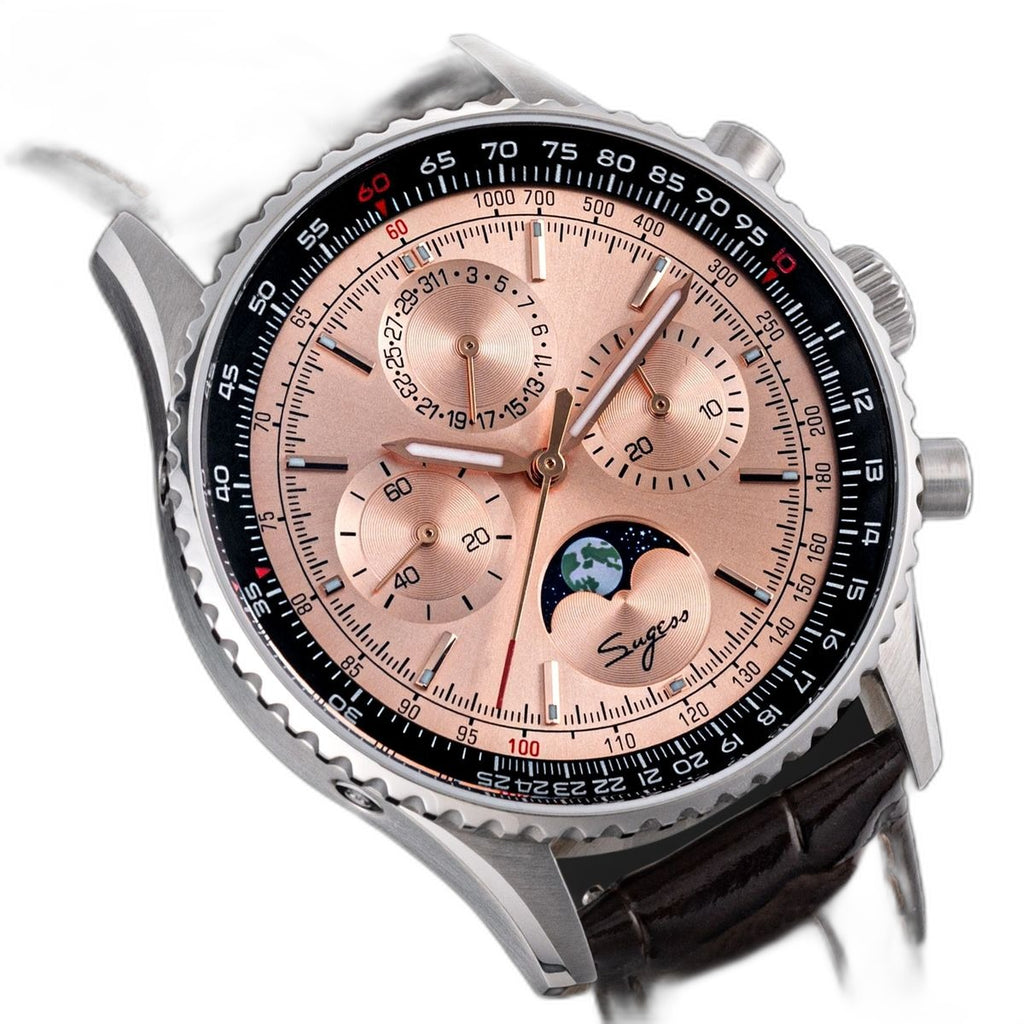 Sugess S468 moonphase chronograph, steel case, salmon rose-gold dial, brown leather strap, front three-quarter on black