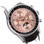 Sugess S468 moonphase chronograph, steel case, salmon rose-gold dial, brown leather strap, front three-quarter on black
