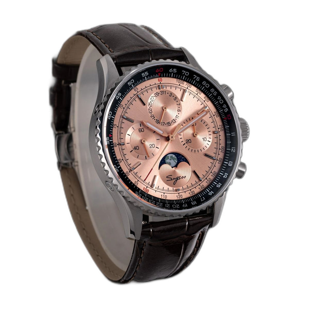 Sugess S468 moonphase chronograph, steel case, salmon rose-gold dial, brown leather strap, angled product view on black