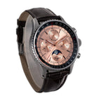 Sugess S468 moonphase chronograph, steel case, salmon rose-gold dial, brown leather strap, angled product view on black