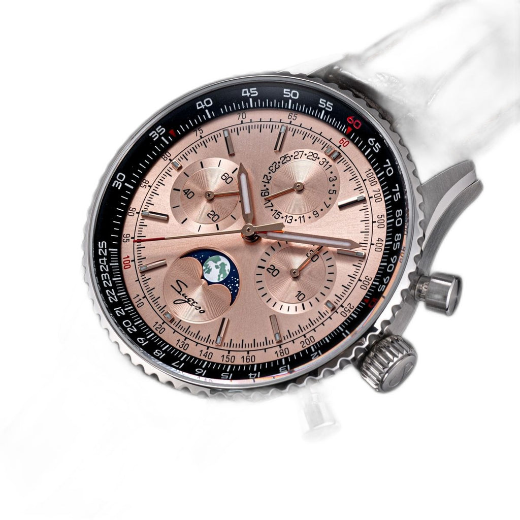 Sugess S468 moonphase chronograph, steel case, salmon rose-gold dial, brown leather strap, dynamic angle on black