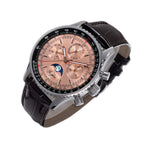 Sugess S468 moonphase chronograph, steel case, salmon rose-gold dial, brown leather strap, low three-quarter on black