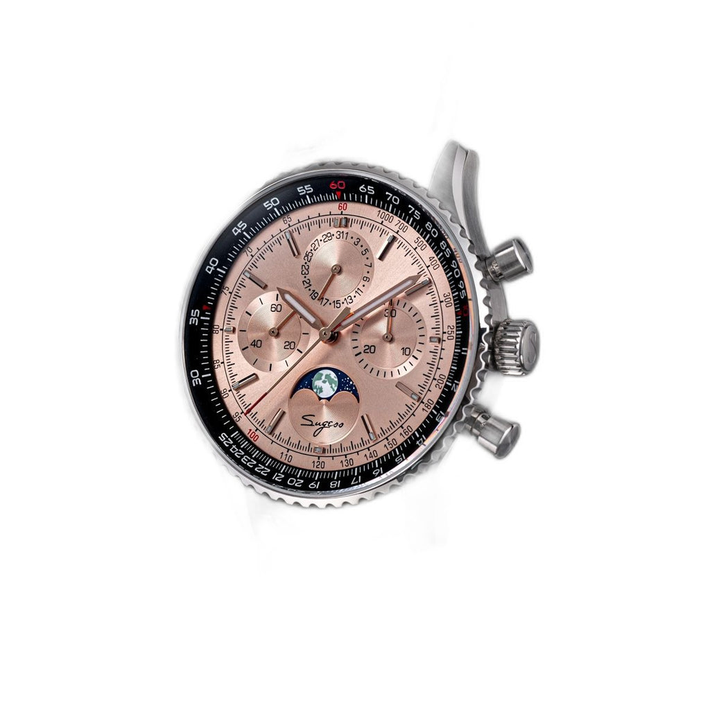 Sugess S468 moonphase chronograph, steel case, salmon rose-gold dial, brown leather strap, tilted angle on black