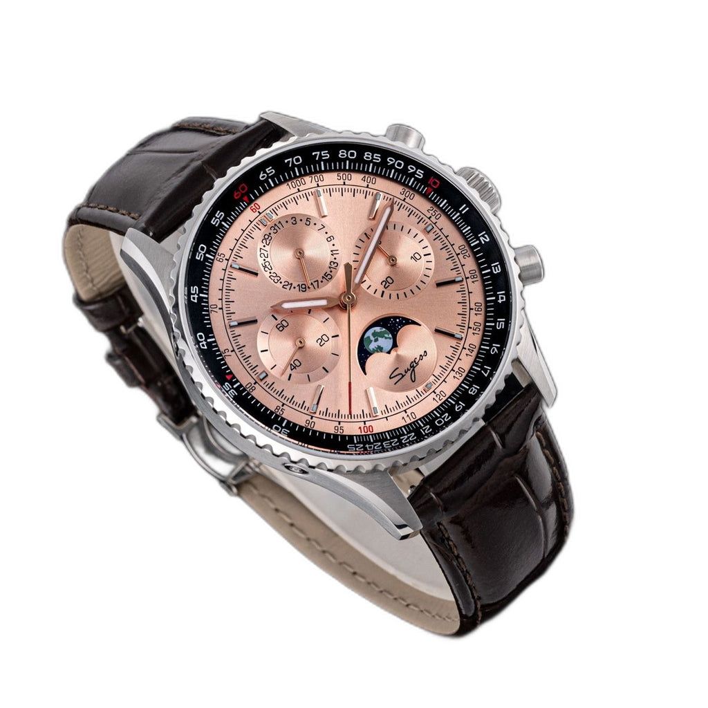Sugess S468 moonphase chronograph, steel case, salmon rose-gold dial, brown leather strap, three-quarter angle on black