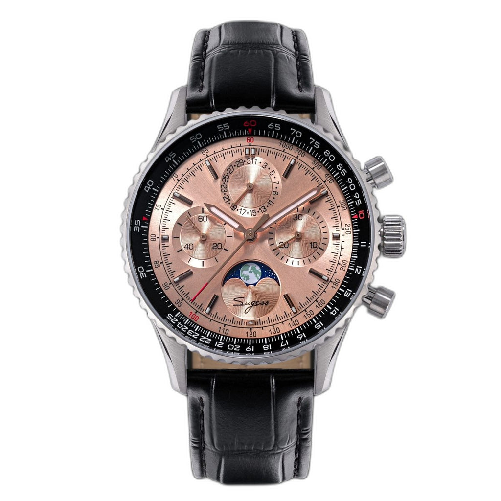 Sugess S468 moonphase chronograph, steel case, salmon rose-gold dial, black leather strap, front three-quarter on black