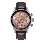 Sugess S468 moonphase chronograph, steel case, salmon rose-gold dial, slide-rule bezel, brown leather strap, front