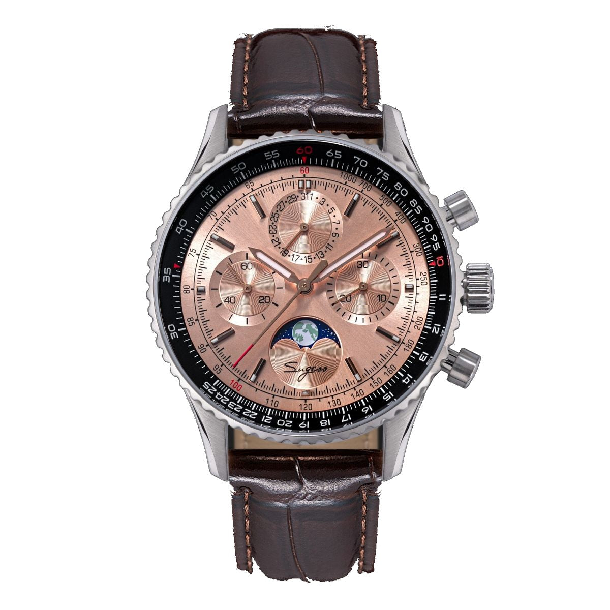 Sugess S468 moonphase chronograph, steel case, salmon rose-gold dial, slide-rule bezel, brown leather strap, front