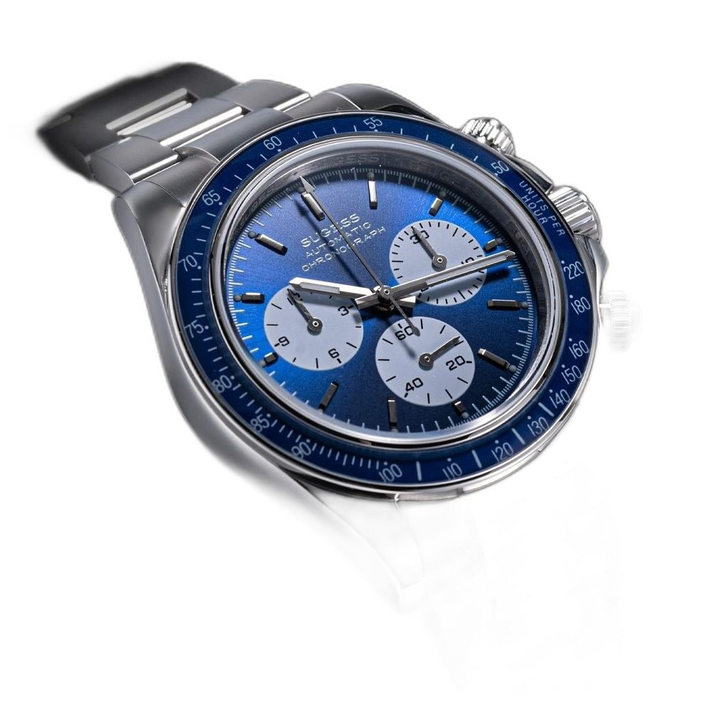 Sugess S473 Chrono Racing automatic chronograph, blue dial, steel bracelet, front three-quarter view on black