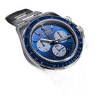 Sugess S473 Chrono Racing automatic chronograph, blue dial, steel bracelet, front three-quarter view on black