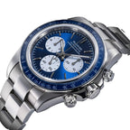 Sugess S473 Chrono Racing automatic chronograph, blue dial, steel bracelet, dynamic low angled view on black