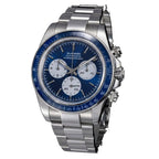 Sugess S473 Chrono Racing automatic chronograph, blue dial, steel bracelet, three-quarter angled view on black
