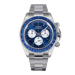 Sugess S473 Chrono Racing automatic chronograph, blue dial, white sub-dials, steel bracelet, front view