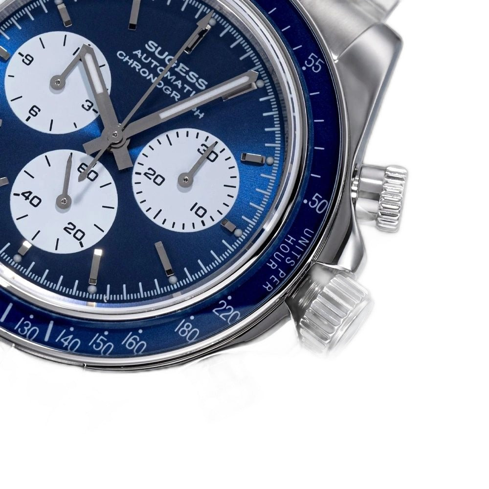 Sugess S473 Chrono Racing blue dial, white sub-dials, crown and pushers macro close-up, steel bracelet, on black