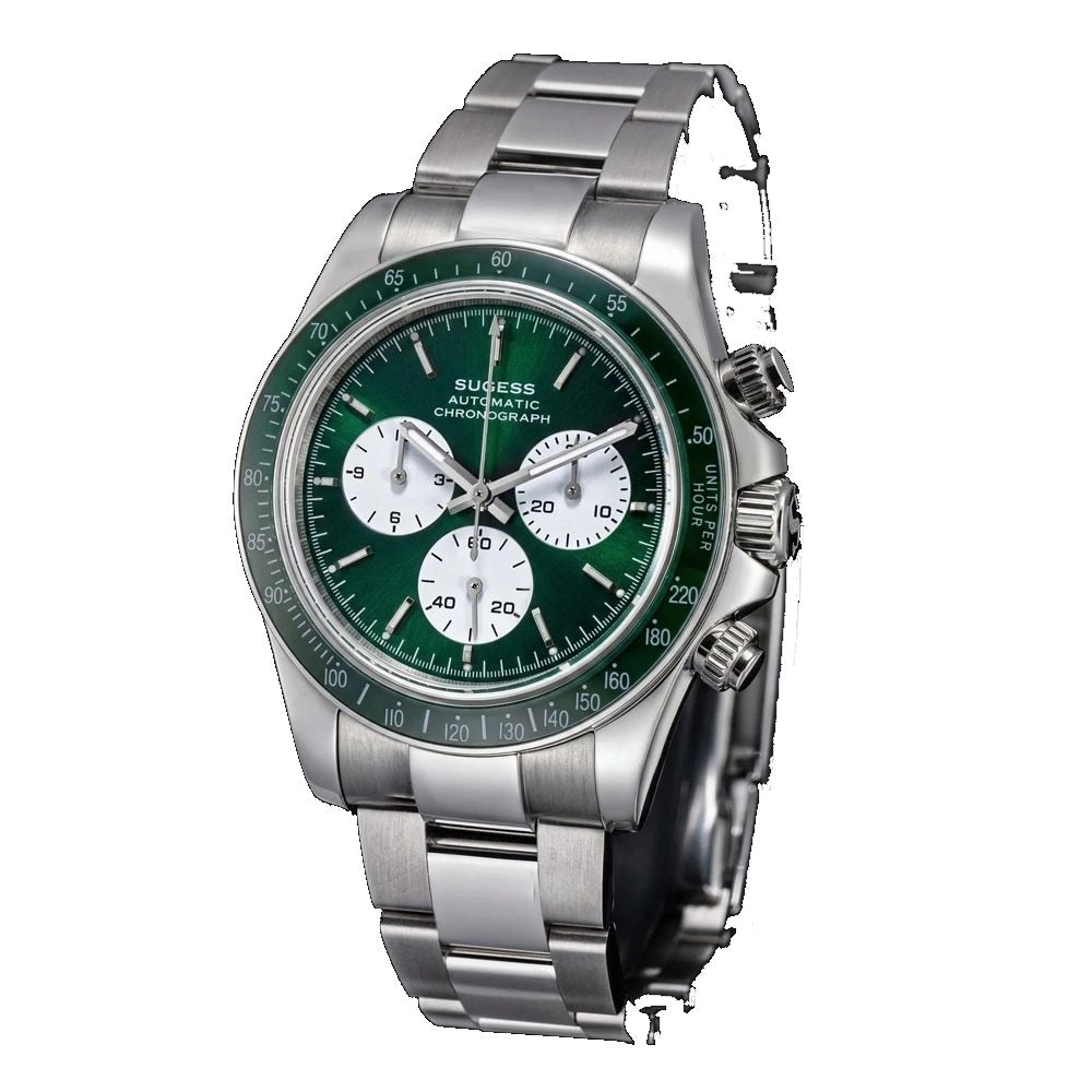 Sugess S473 Chrono Racing automatic chronograph, green dial, steel bracelet, front three-quarter view on black