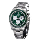 Sugess S473 Chrono Racing automatic chronograph, green dial, steel bracelet, front three-quarter view on black