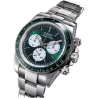 Sugess S473 Chrono Racing automatic chronograph, green dial, S-engraved crown, steel bracelet, angled view on black
