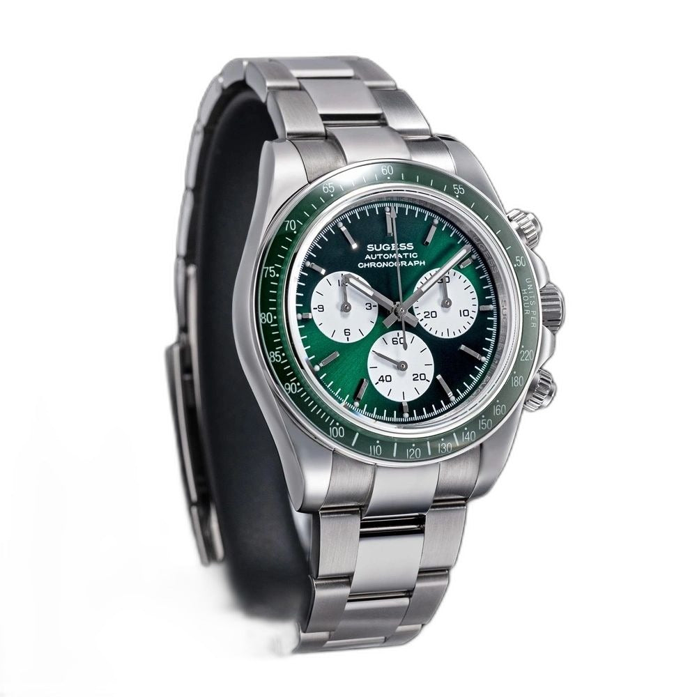Sugess S473 Chrono Racing automatic chronograph, green dial, steel bracelet, dynamic three-quarter angle on black